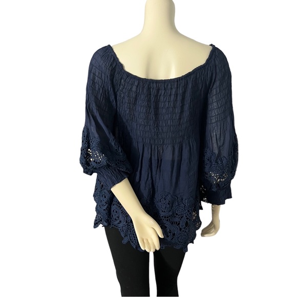 Casting |  Women’s Crochet Trim Smocked Off-The-Shoulder Top Color: Navy - Picture 10 of 17